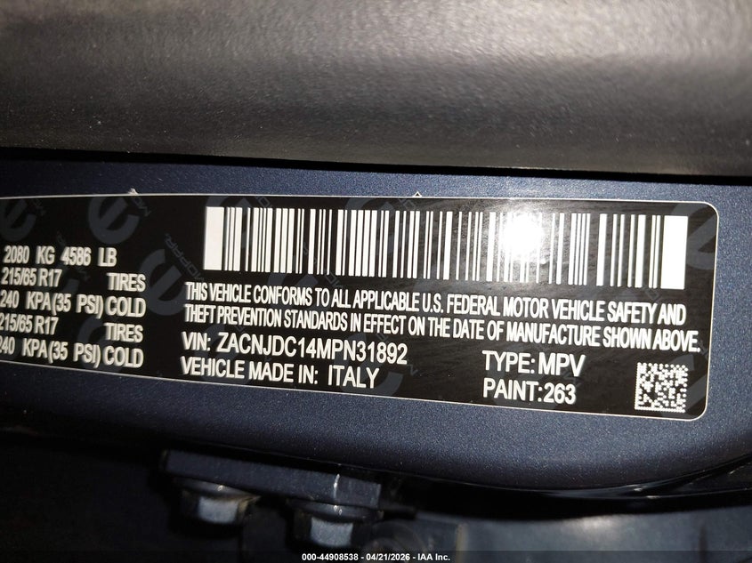 2021 Jeep Renegade VIN ZACNJDC14MPN31892 IAAI salvage auction — FRONT END, Salvage Title, sold $600 on 2026-07-24 (photo 9)