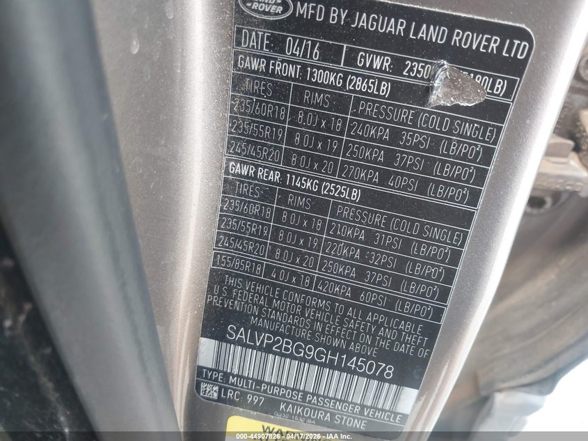 2016 Land rover Range rover evoque VIN SALVP2BG9GH145078 IAAI salvage auction — FRONT END, Salvage (Georgia), sold $2,000 on 2026-07-06 (photo 9)