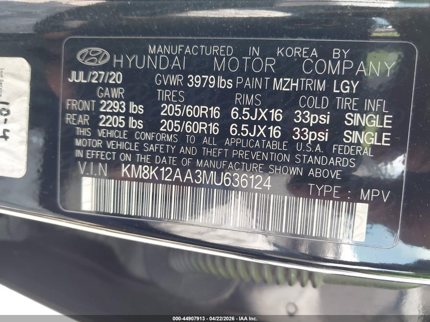 2021 Hyundai Kona VIN KM8K12AA3MU636124 IAAI salvage auction — FRONT END, Salvage Title, sold $2,100 on 2026-07-15 (photo 9)