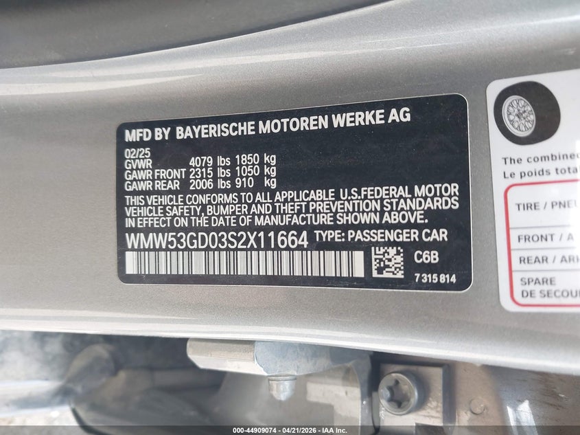 2025 Mini Hard top VIN WMW53GD03S2X11664 IAAI salvage auction — FRONT END, Salvage Title, sold $8,900 on 2026-07-11 (photo 9)