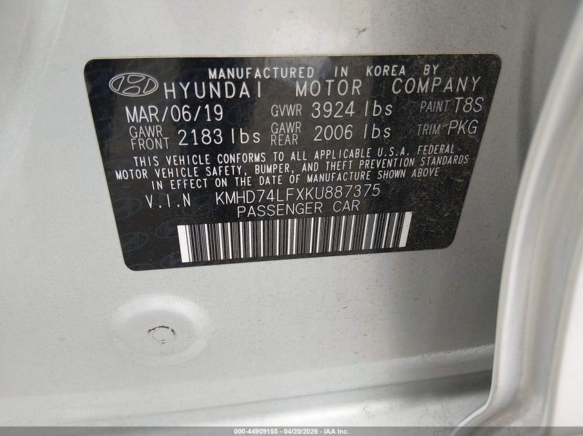 2019 Hyundai Elantra VIN KMHD74LFXKU887375 IAAI salvage auction — RIGHT SIDE, Salvage Title, sold $2,100 on 2026-07-15 (photo 9)