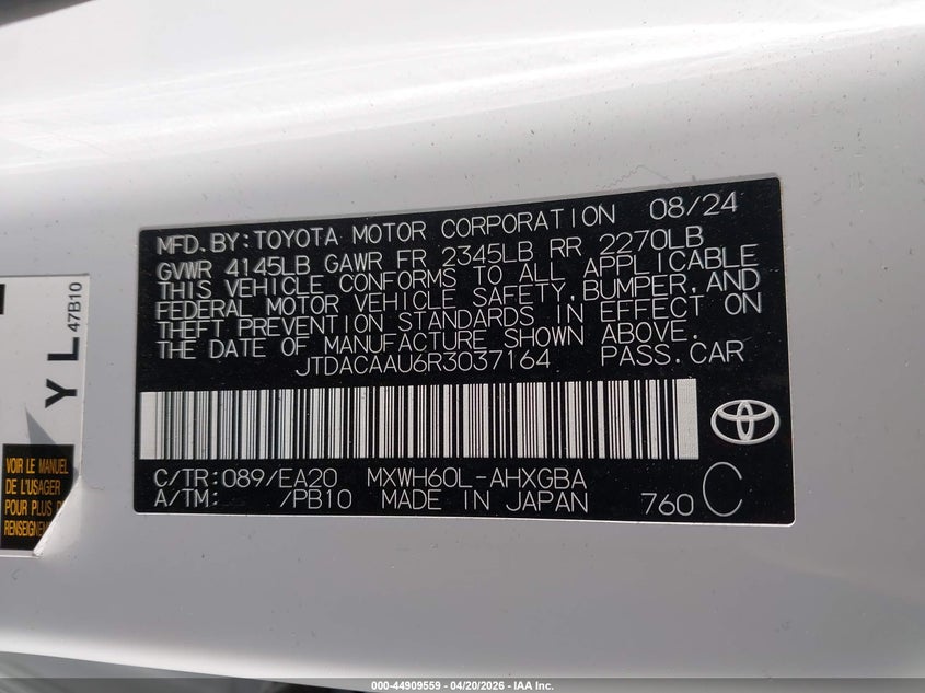 2024 Toyota Prius VIN JTDACAAU6R3037164 IAAI salvage auction — LEFT SIDE, Salvage (California), sold $8,700 on 2026-07-15 (photo 9)