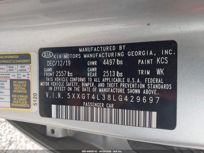 2020 Kia Optima VIN 5XXGT4L38LG429697 IAAI salvage auction — FRONT END, Salvage Title, sold $25 on 2026-07-29 (photo 9)