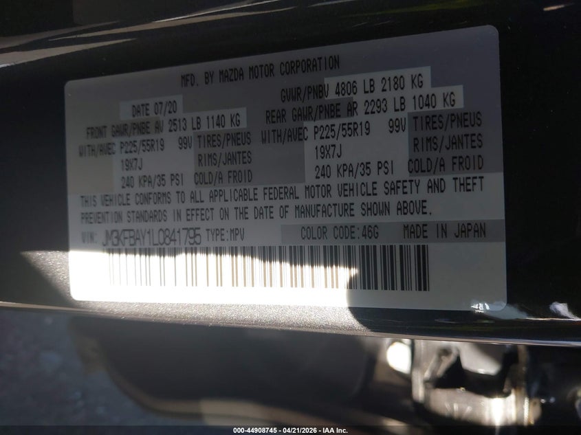 2020 Mazda Cx-5 VIN JM3KFBAY1L0841795 IAAI salvage auction — FRONT END, Salvage (New Jersey), sold $6,900 on 2026-07-30 (photo 9)