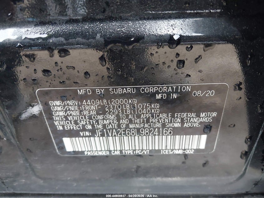 2020 Subaru Wrx sti VIN JF1VA2E68L9824166 IAAI salvage auction — FRONT END, Salvage - Greater Than 75% (Maryland), sold $4,850 on 2026-07-30 (photo 9)