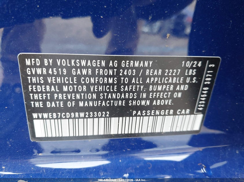 2024 Volkswagen Golf r VIN WVWEB7CD9RW233022 IAAI salvage auction — FRONT END, Salvage Title, sold $8,600 on 2026-08-07 (photo 9)