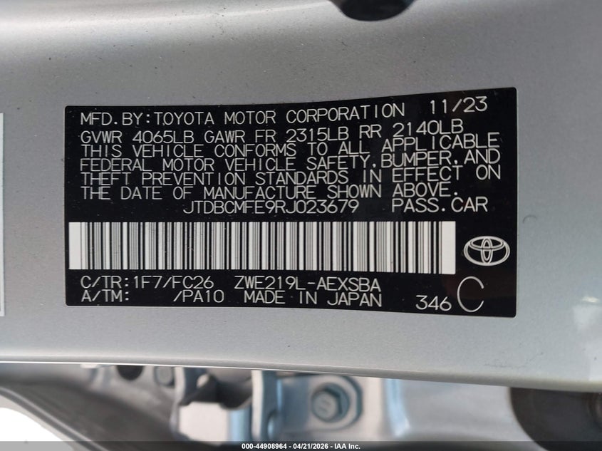 2024 Toyota Corolla VIN JTDBCMFE9RJ023679 IAAI salvage auction — FRONT END, Certificate Of Destruction (Florida), sold $6,450 on 2026-07-06 (photo 9)