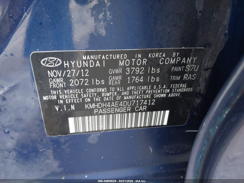 2013 Hyundai Elantra VIN KMHDH4AE4DU717412 IAAI salvage auction — FRONT END, Clear (Oklahoma), sold $925 on 2026-07-22 (photo 9)