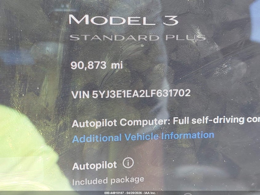 2020 Tesla Model 3 VIN 5YJ3E1EA2LF631702 IAAI salvage auction — LEFT REAR, Salvage Title, sold $3,550 on 2026-07-29 (photo 7)