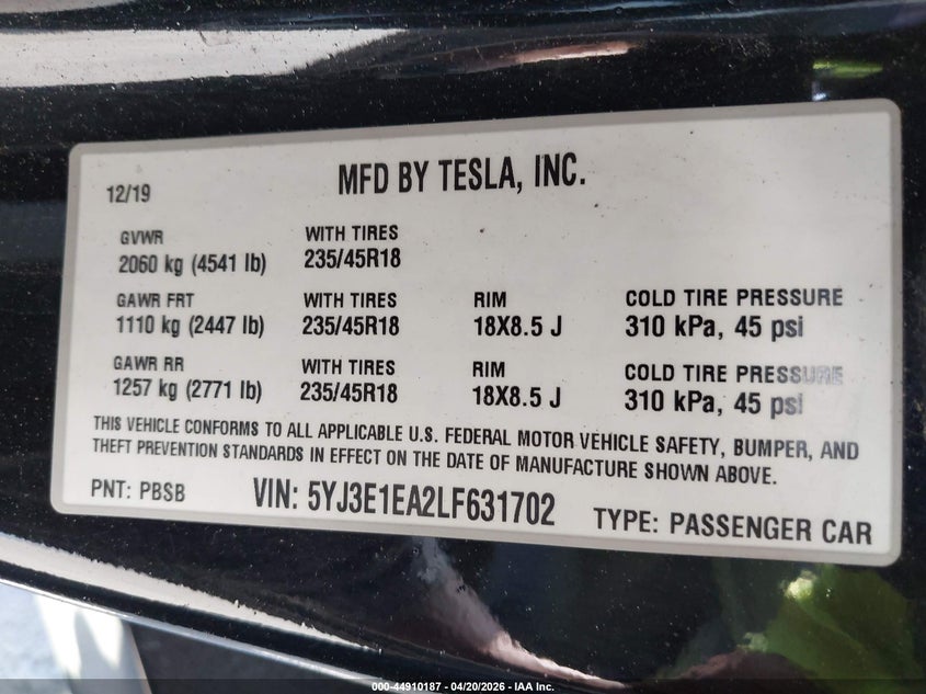 2020 Tesla Model 3 VIN 5YJ3E1EA2LF631702 IAAI salvage auction — LEFT REAR, Salvage Title, sold $3,550 on 2026-07-29 (photo 9)