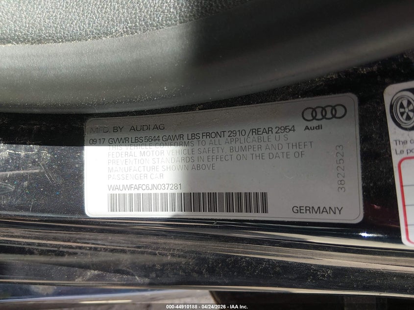 2018 Audi S7 VIN WAUWFAFC6JN037281 IAAI salvage auction — REAR END, Salvage (New Hampshire), sold $8,250 on 2026-07-22 (photo 9)