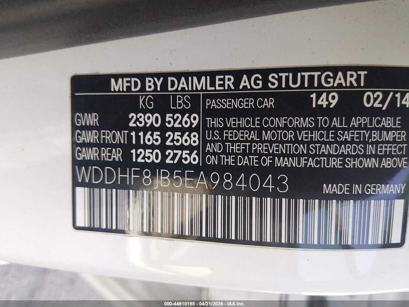 2014 Mercedes-benz E-klasse VIN WDDHF8JB5EA984043 IAAI salvage auction — FRONT END, Salvage Title, sold $2,150 on 2026-07-14 (photo 9)