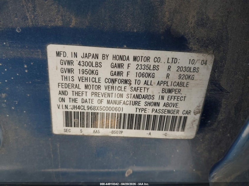 2005 Acura Tsx VIN JH4CL968X5C000601 IAAI salvage auction — FRONT & REAR, Salvage (California), sold $100 on 2026-07-21 (photo 9)