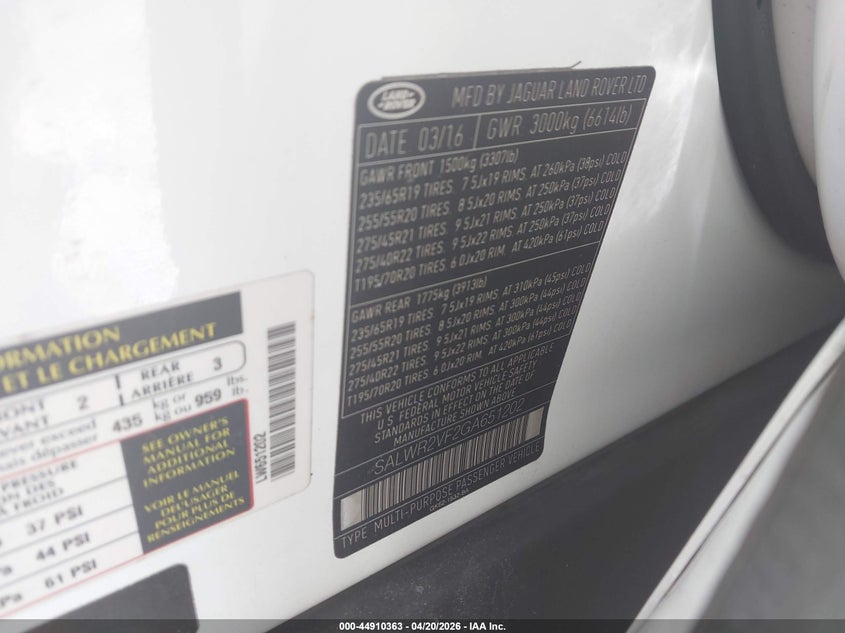 2016 Land rover Range rover sport VIN SALWR2VF2GA651202 IAAI salvage auction — WATER/FLOOD, Salvage Title, sold $3,050 on 2026-07-12 (photo 9)
