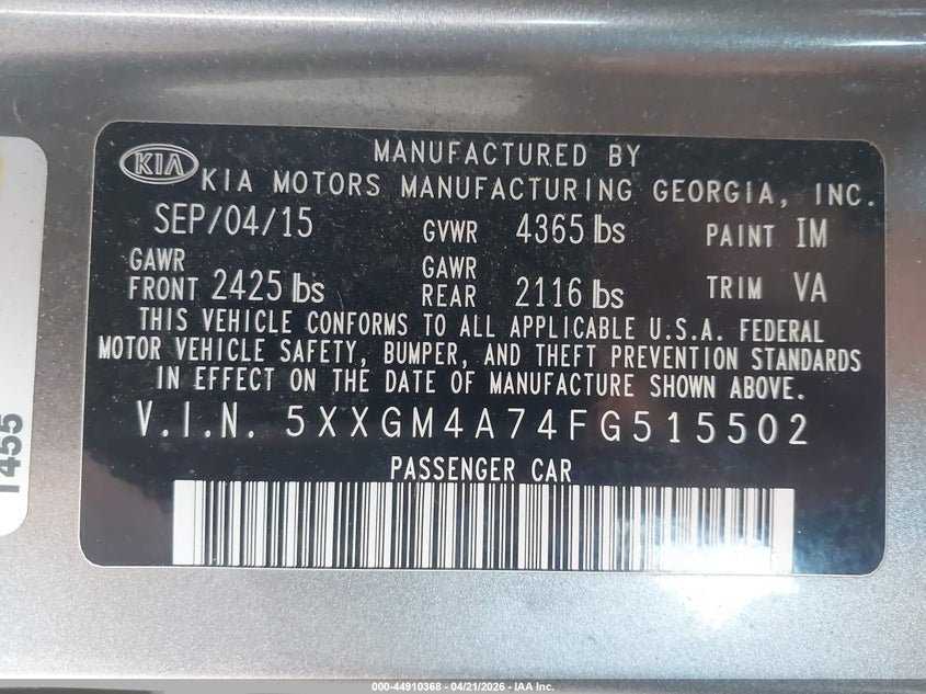 2015 Kia Optima VIN 5XXGM4A74FG515502 IAAI salvage auction — FRONT END, Salvage - Greater Than 75% (Maryland), sold $250 on 2026-07-06 (photo 9)