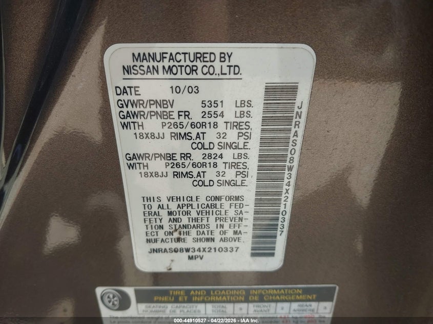2004 Infiniti Fx VIN JNRAS08W34X210337 IAAI salvage auction — FRONT END, Salvage (North Carolina), sold $1,000 on 2026-07-13 (photo 9)