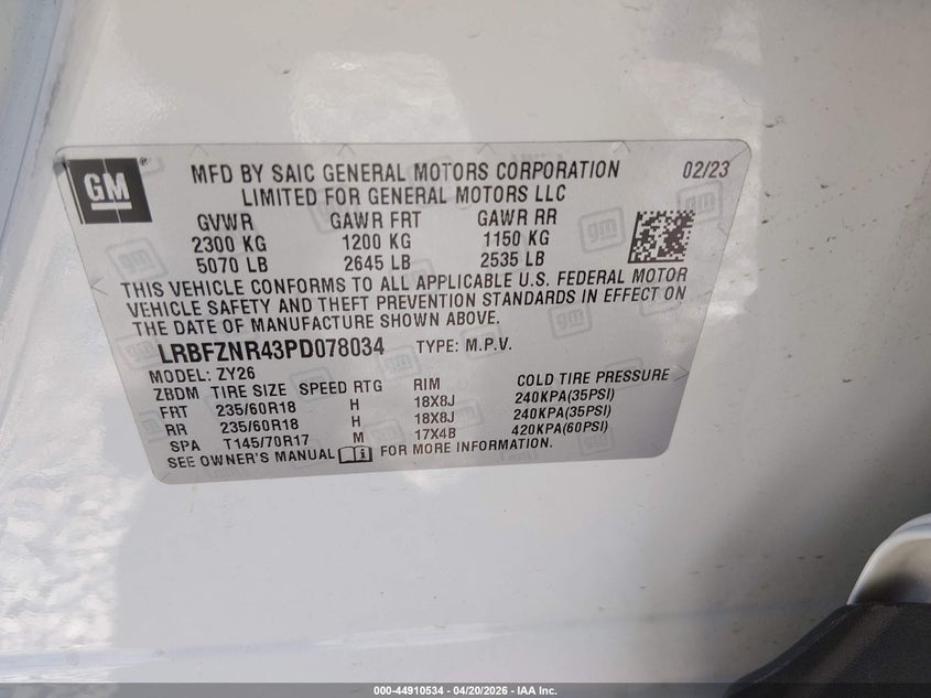 2023 Buick Envision VIN LRBFZNR43PD078034 IAAI salvage auction — FRONT END, Salvage (West Virginia), sold $3,600 on 2026-07-29 (photo 9)
