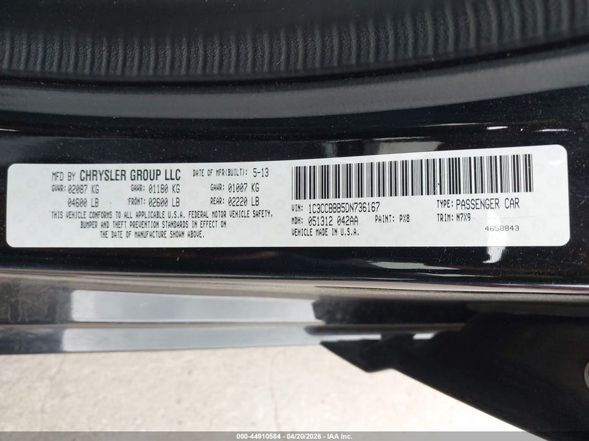 2013 Chrysler 200 VIN 1C3CCBBB5DN736167 IAAI salvage auction — FRONT END, Salvage (Texas), sold $100 on 2026-07-16 (photo 9)