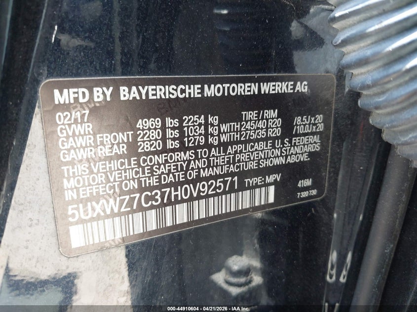 2017 BMW X3 VIN 5UXWZ7C37H0V92571 IAAI salvage auction — ALL OVER, Salvage (Arizona), sold $375 on 2026-07-29 (photo 9)