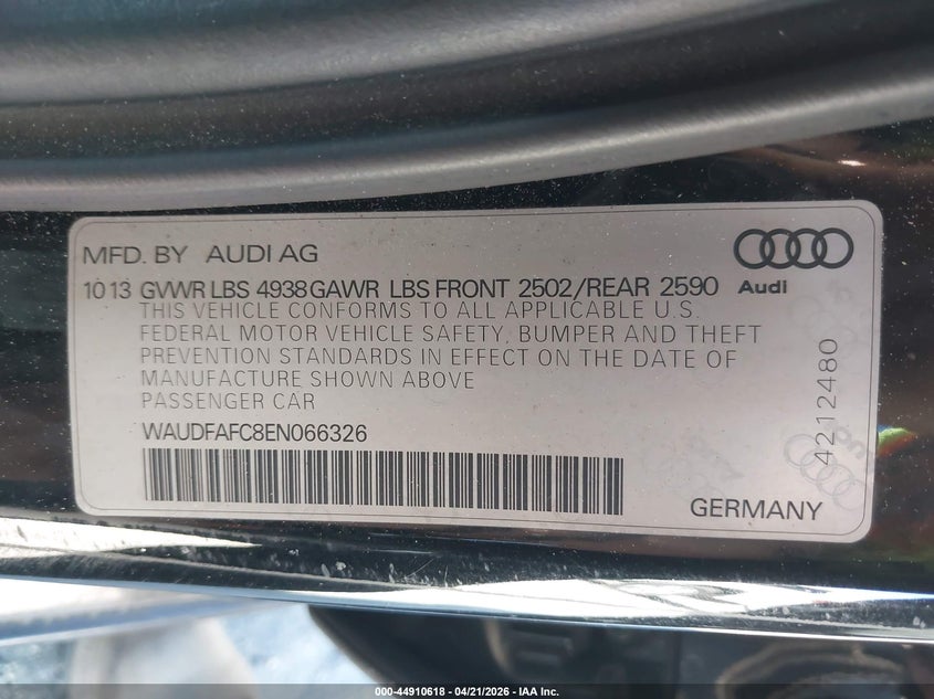 2014 Audi A6 VIN WAUDFAFC8EN066326 IAAI salvage auction — FRONT END, Salvage (Georgia), sold $200 on 2026-07-16 (photo 9)