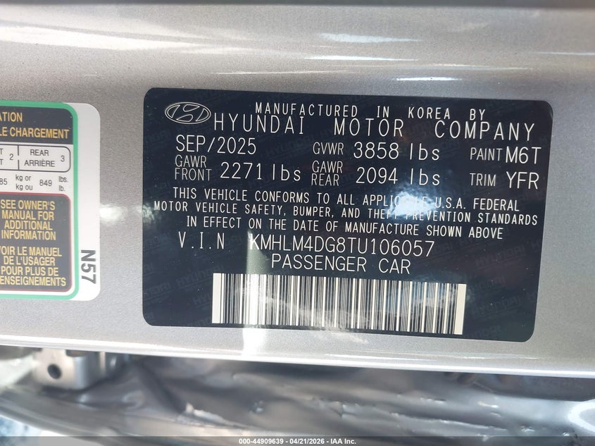 2026 Hyundai Elantra VIN KMHLM4DG8TU106057 IAAI salvage auction — LEFT SIDE, Salvage Title, sold $6,925 on 2026-07-15 (photo 9)