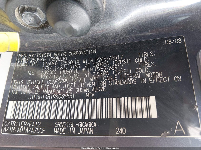 2009 Toyota 4runner VIN JTEBU14R19K035851 IAAI salvage auction — FRONT END, Salvage (Tennessee), sold $2,900 on 2026-07-23 (photo 9)