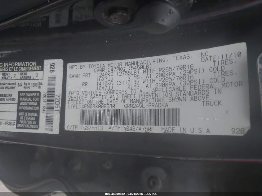 2011 Toyota Tacoma VIN 5TFLU4EN0BX009630 IAAI salvage auction — NORMAL WEAR, Original (Texas), sold $7,175 on 2026-07-20 (photo 9)