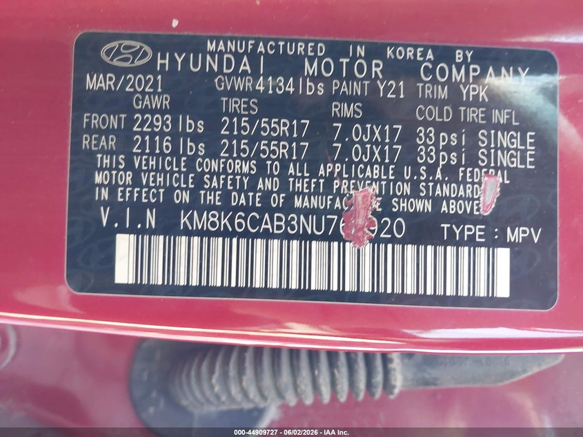 2022 Hyundai Kona VIN KM8K6CAB3NU761920 IAAI salvage auction — RIGHT FRONT, Salvage Title, sold $2,450 on 2026-07-29 (photo 9)