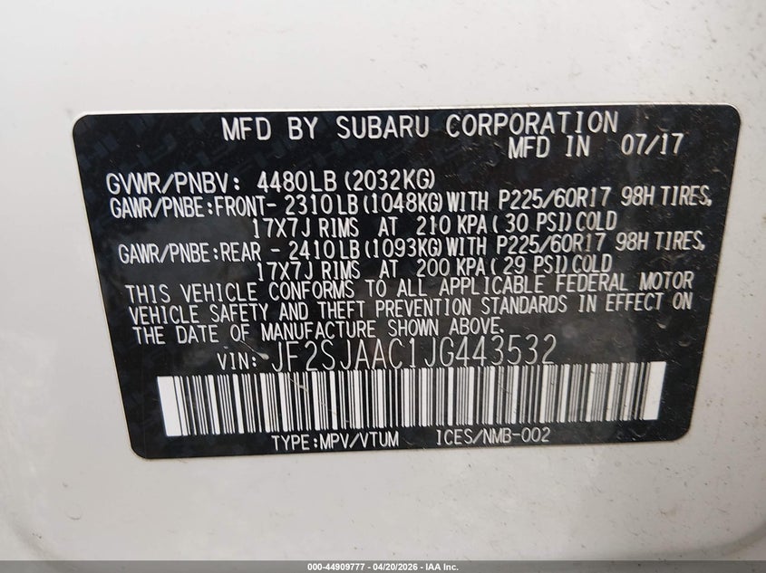 2018 Subaru Forester VIN JF2SJAAC1JG443532 IAAI salvage auction — FRONT END, Salvage Title, sold $400 on 2026-07-22 (photo 9)