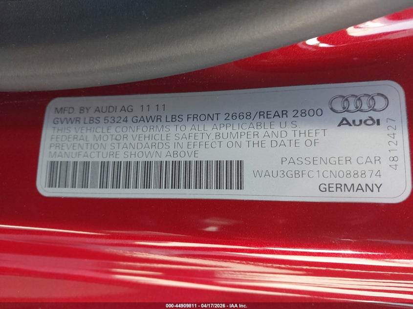 2012 Audi A7 VIN WAU3GBFC1CN088874 IAAI salvage auction — REAR END, Salvage (California), sold $2,750 on 2026-07-20 (photo 9)