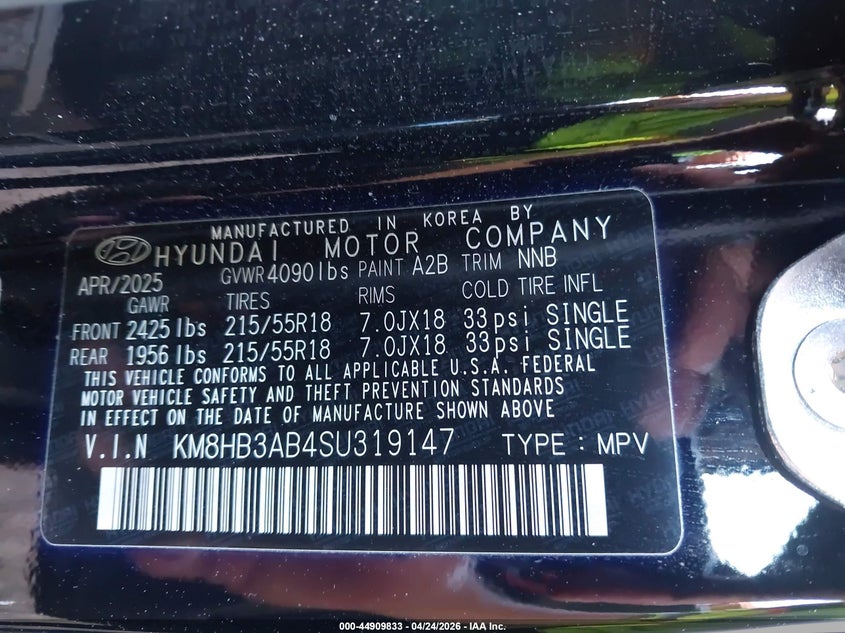 2025 Hyundai Kona VIN KM8HB3AB4SU319147 IAAI salvage auction — REAR END, Salvage Title, sold $7,350 on 2026-07-14 (photo 9)