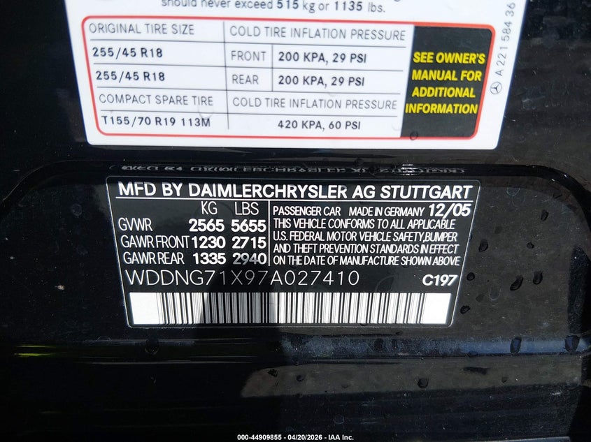 2007 Mercedes-benz S-klasse VIN WDDNG71X97A027410 IAAI salvage auction — FRONT END, Salvage (Illinois), sold $450 on 2026-07-07 (photo 9)
