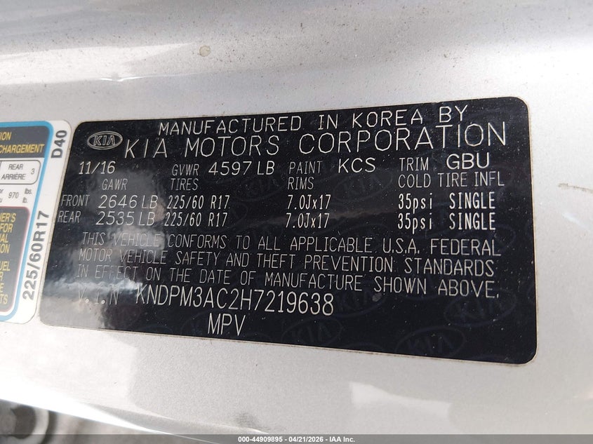 2017 Kia Sportage VIN KNDPM3AC2H7219638 IAAI salvage auction — FRONT END, Salvage Title, sold $1,600 on 2026-07-21 (photo 9)
