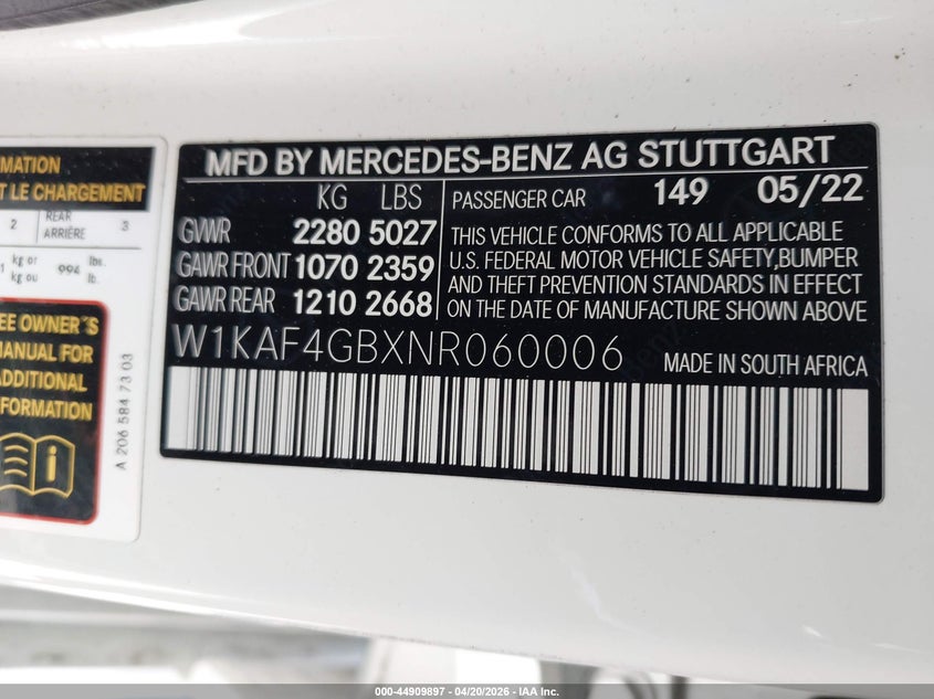 2022 Mercedes-benz C-klasse VIN W1KAF4GBXNR060006 IAAI salvage auction — FRONT END, Clear (Arizona), sold $15,700 on 2026-07-31 (photo 9)