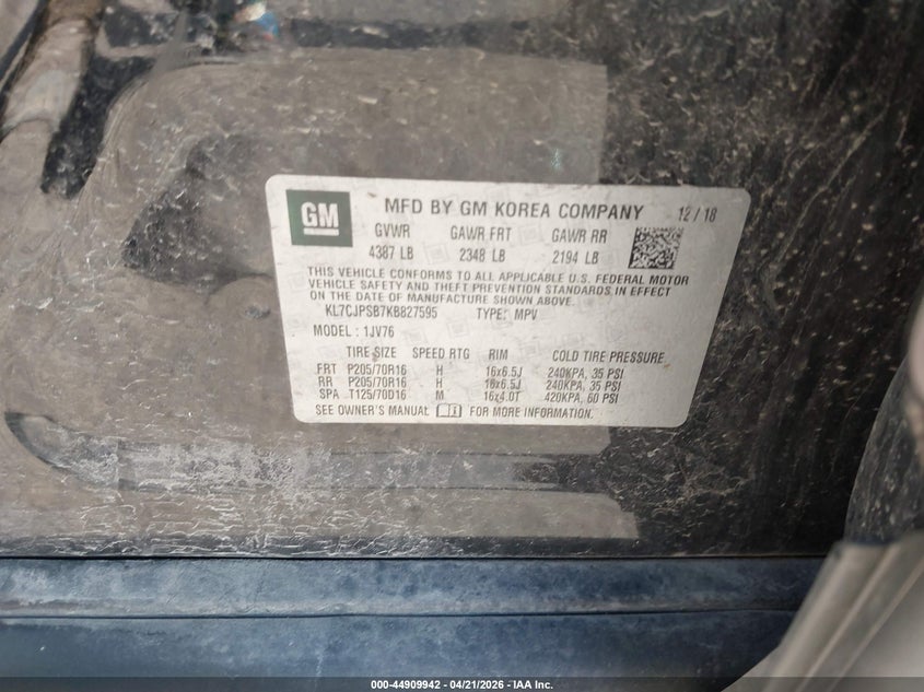 2019 Chevrolet Trax VIN KL7CJPSB7KB827595 IAAI salvage auction — FRONT END, Salvage (Iowa), sold $925 on 2026-07-29 (photo 9)