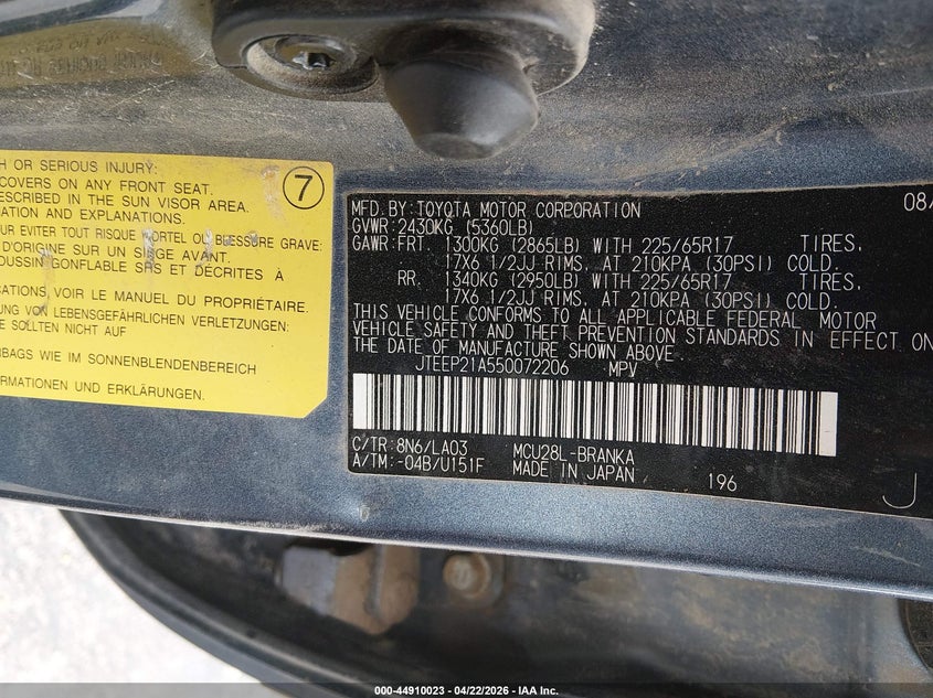 2005 Toyota Highlander VIN JTEEP21A550072206 IAAI salvage auction — FRONT END, Salvage (Idaho), sold $500 on 2026-07-09 (photo 9)