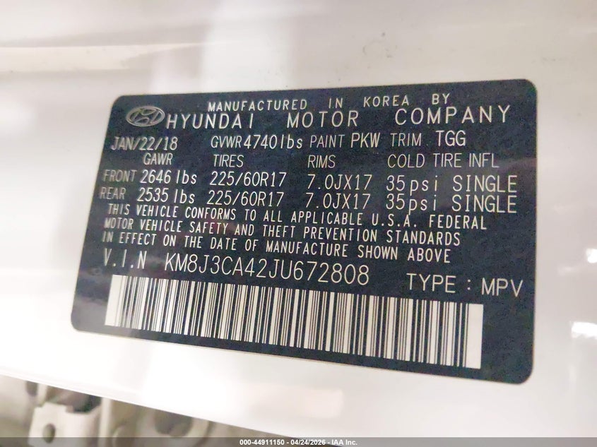 2018 Hyundai Tucson VIN KM8J3CA42JU672808 IAAI salvage auction — RIGHT FRONT, Salvage (Minnesota), sold $2,550 on 2026-07-14 (photo 9)