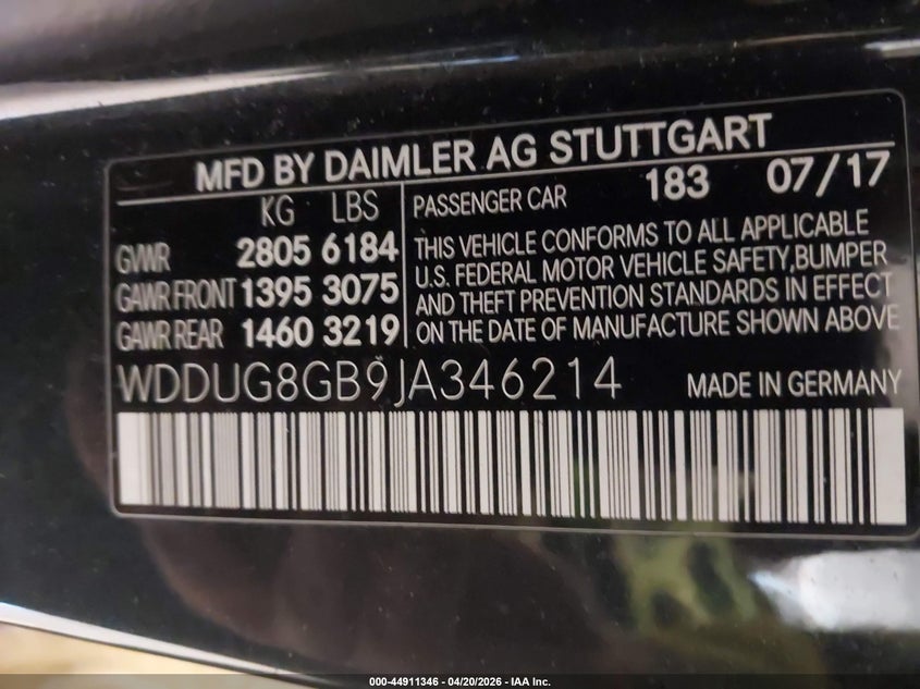 2018 Mercedes-benz S-klasse VIN WDDUG8GB9JA346214 IAAI salvage auction — FRONT END, Salvage Title, sold $10,100 on 2026-07-11 (photo 9)