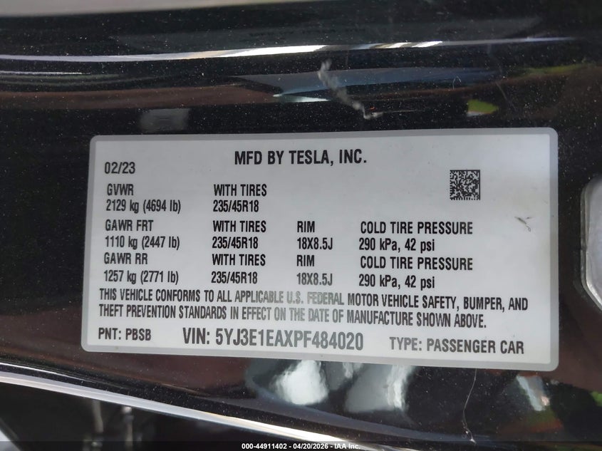 2023 Tesla Model 3 VIN 5YJ3E1EAXPF484020 IAAI salvage auction — FRONT END, Salvage Title, sold $5,600 on 2026-07-29 (photo 9)