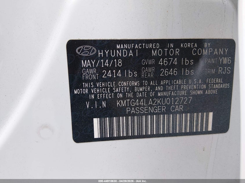 2019 Genesis G70 VIN KMTG44LA2KU012727 IAAI salvage auction — FRONT END, Salvage Title, sold $25 on 2026-07-23 (photo 9)