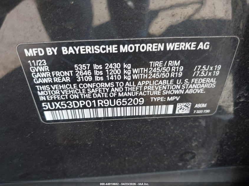 2024 BMW X3 VIN 5UX53DP01R9U65209 IAAI salvage auction — FRONT END, Mv-907A (New York), sold $20,600 on 2026-07-14 (photo 9)