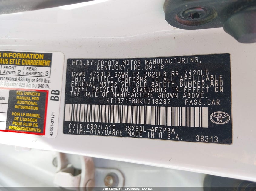 2019 Toyota Avalon VIN 4T1BZ1FB8KU018282 IAAI salvage auction — FRONT END, Salvage (Idaho), sold $7,100 on 2026-07-24 (photo 9)