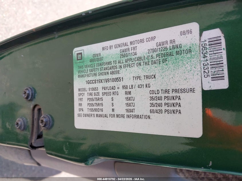 1997 Chevrolet S-10 VIN 1GCCS19X1V8100551 IAAI salvage auction — ENGINE DAMAGE, Salvage (Texas), sold $300 on 2026-07-06 (photo 9)