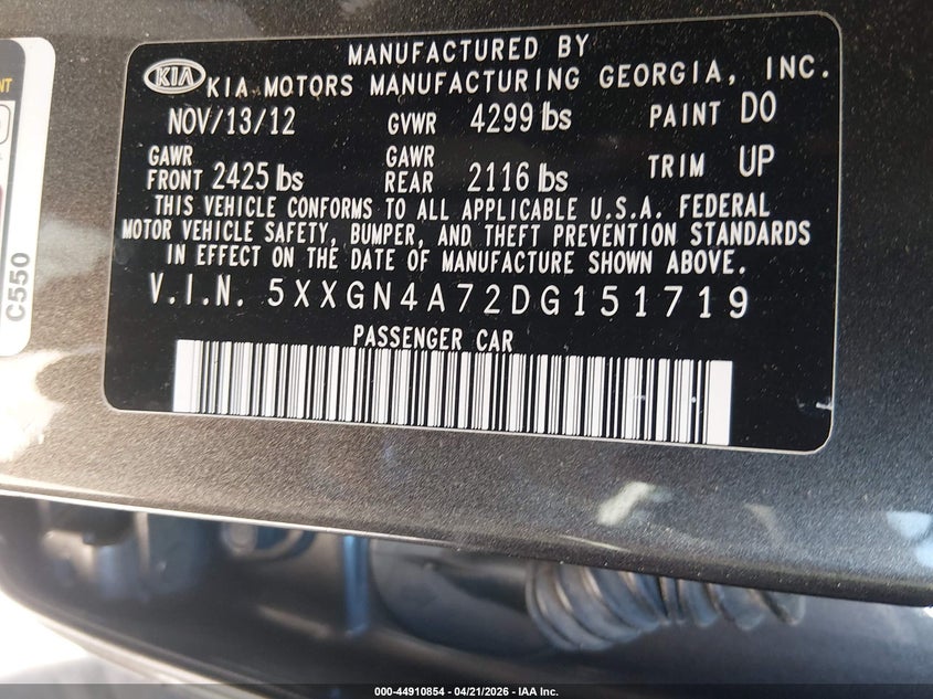 2013 Kia Optima VIN 5XXGN4A72DG151719 IAAI salvage auction — LEFT & RIGHT, Salvage (South Carolina), sold $1,000 on 2026-07-08 (photo 9)