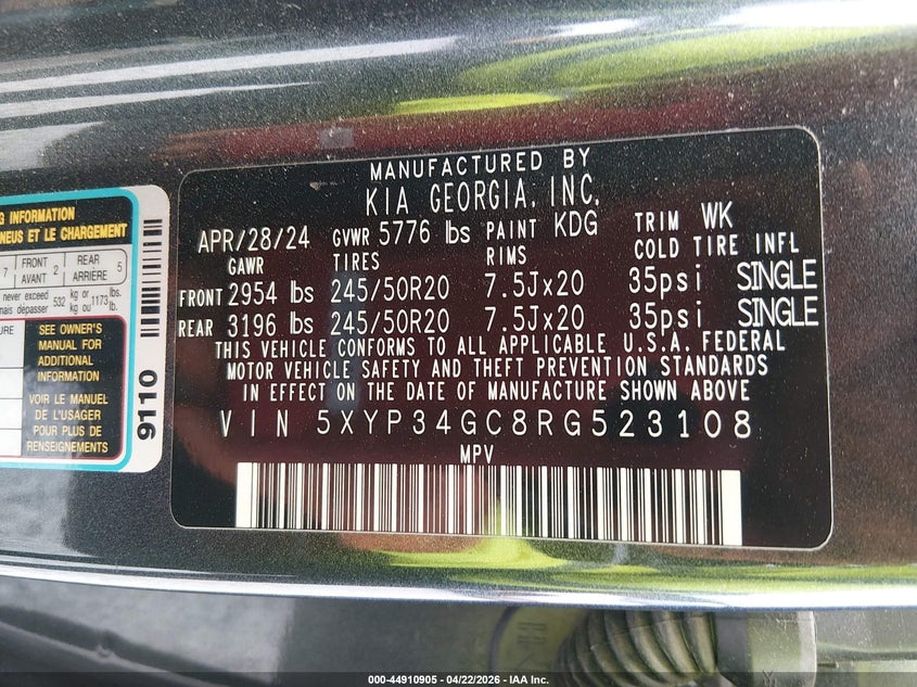 2024 Kia Telluride VIN 5XYP34GC8RG523108 IAAI salvage auction — REAR END, Salvage (Alabama), sold $10,750 on 2026-07-09 (photo 9)
