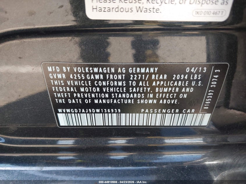 2013 Volkswagen Gti VIN WVWGD7AJ9DW136939 IAAI salvage auction — FRONT END, Salvage (New Jersey), sold $1,100 on 2026-07-13 (photo 9)