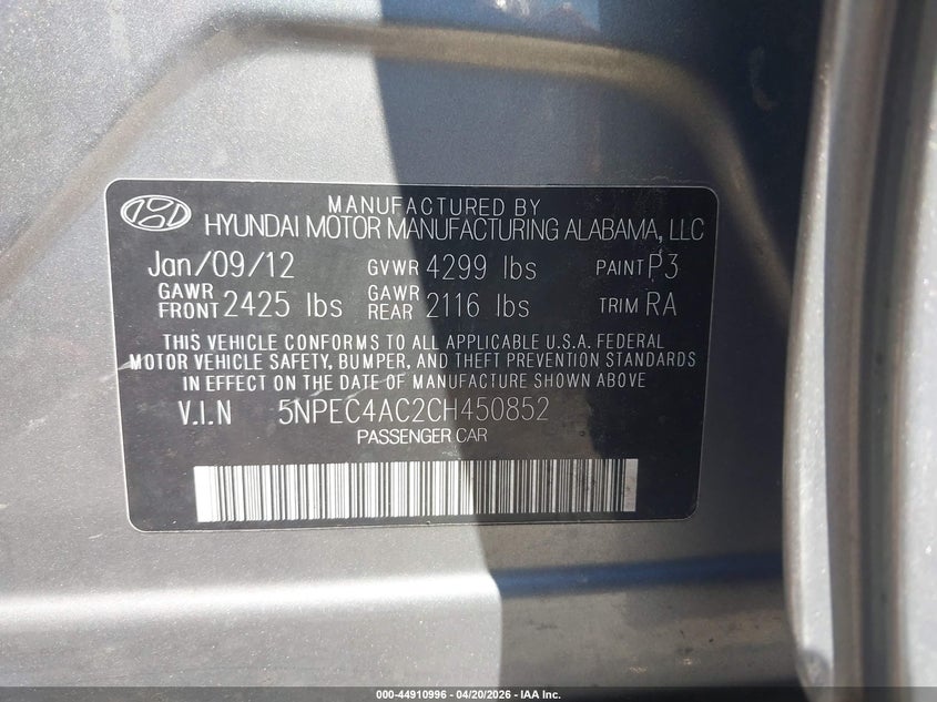 2012 Hyundai Sonata VIN 5NPEC4AC2CH450852 IAAI salvage auction — FRONT END, Salvage (Illinois), sold $300 on 2026-07-14 (photo 9)