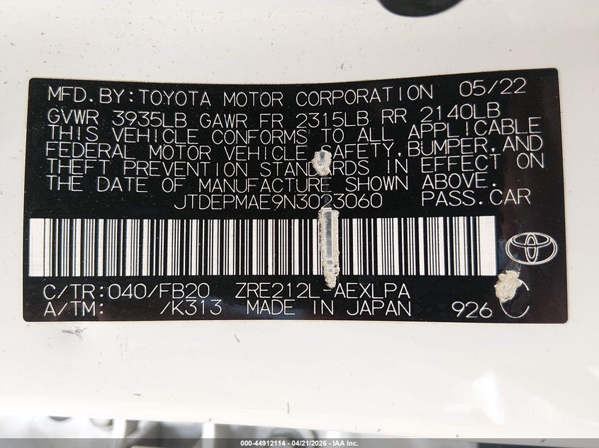 2022 Toyota Corolla VIN JTDEPMAE9N3023060 IAAI salvage auction — FRONT END, Salvage Title, sold $3,950 on 2026-07-21 (photo 9)
