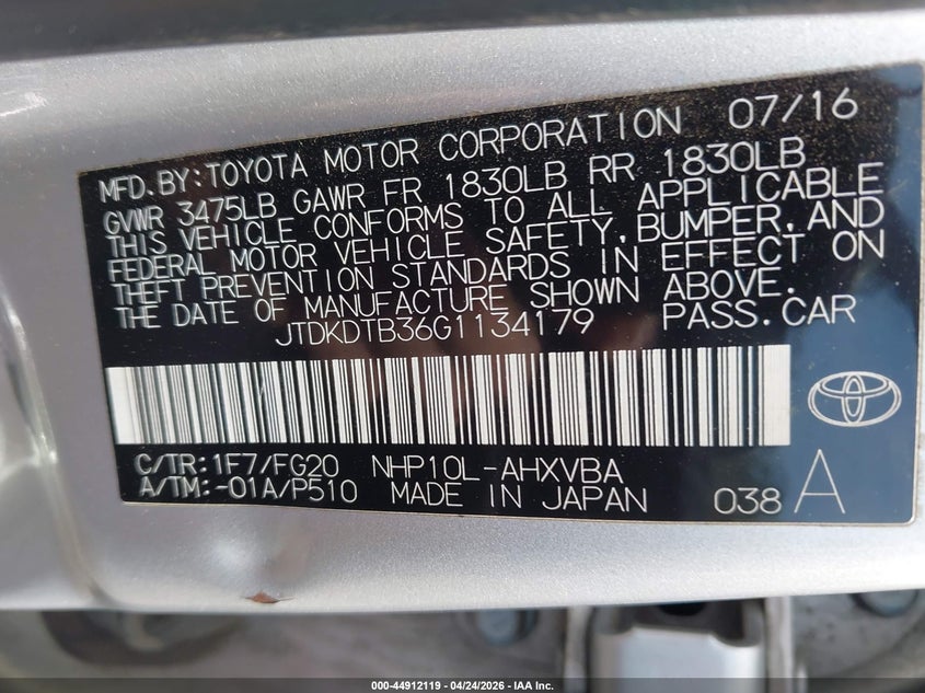 2016 Toyota Prius c VIN JTDKDTB36G1134179 IAAI salvage auction — FRONT & REAR, Salvage Title, sold $1,200 on 2026-07-15 (photo 9)