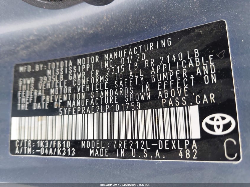 2020 Toyota Corolla VIN 5YFEPRAE2LP101759 IAAI salvage auction — LEFT FRONT, Original (Texas), sold $3,400 on 2026-07-15 (photo 9)